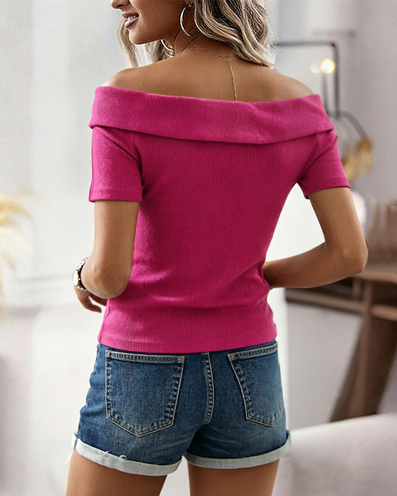 Women's Foldover Off Shoulder Rib-Knit Top Slim Fit Short Sleeve Tee with Gold Button Detail - Image 2