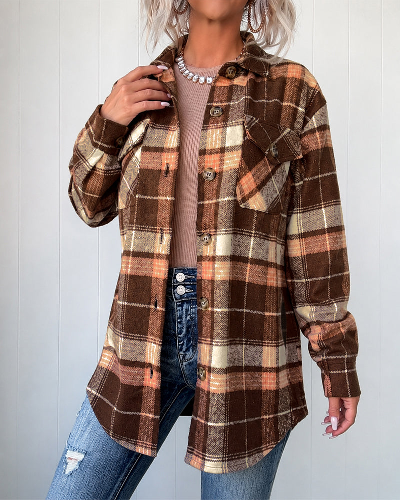 Women's Plaid Long Sleeve Button Down Brushed Shacket Casual Turn-down Collar Coat - Image 5