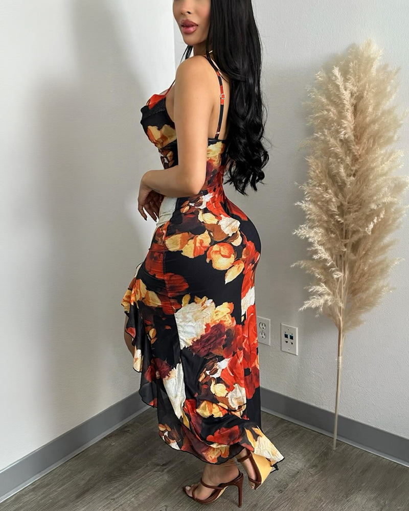 Women's Floral Print Mesh Dress Ruffle Hem High Slit Mermaid Cami Dress Sexy Sleeveless Bodycon Party Dress - Image 4