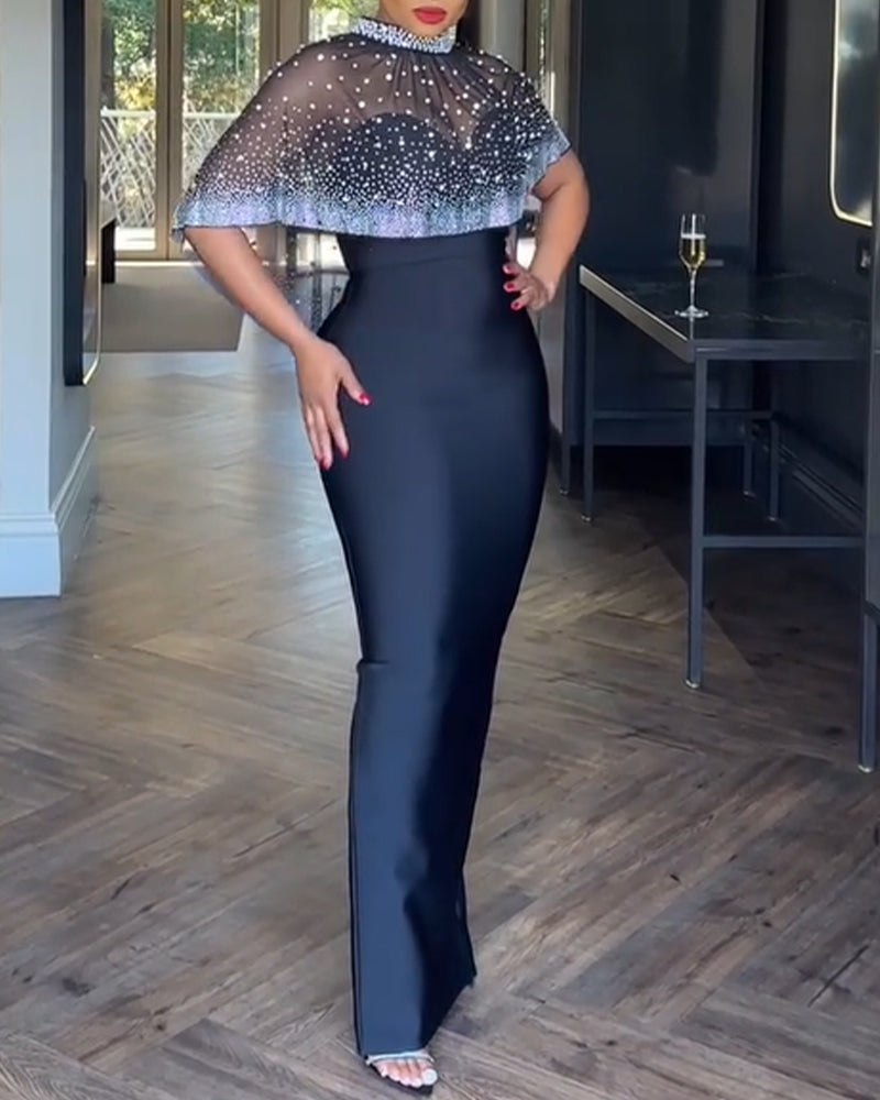 2 Pieces Outfit Detachable & Adjustable Spaghetti Straps Zipper Back Slit Slim Fit Maxi Dress and Rhinestone & Pearls Decor High Neck Zipper Back Sheer Mesh Poncho Cape - Image 5