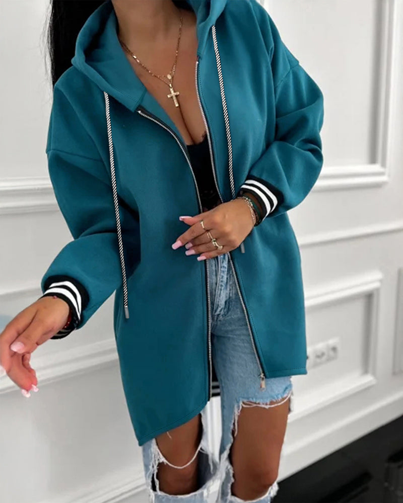 Striped Cuffs Pockets Design Zipper Front Drawstring Hoodie Jacket Casual Drop Shoulder Asymmetrical Hem Mid-length Coat - Image 5