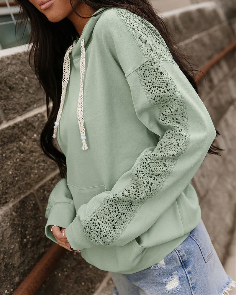 Women's Lace Splice Hoodie Drawstring Pullover Sweatshirt with Kangaroo Pocket - Image 3