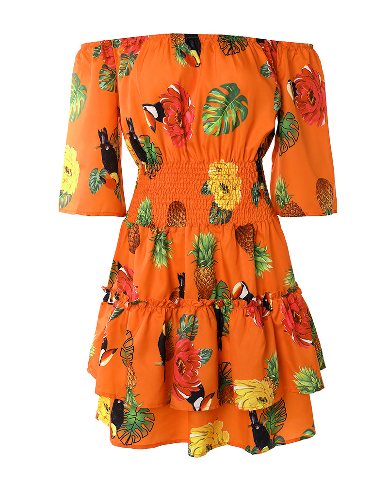 Women's Stretchy Off Shoulder Vacation Dress Tropical Fruit Floral Shirred Waist Ruffle Hem A Line Dress - Image 6