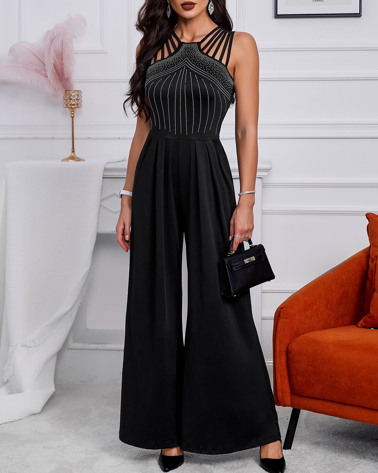 Rhinestone Decor Multi Spaghetti Straps Ruched Overalls Casual Zipper Back Wide Leg Jumpsuit - Image 7