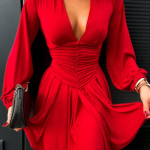 Deep V Neck Lantern Sleeve Ruched Pleated A Line Flowy Dress Single Breasted Decor Cinched Waist Party Dress