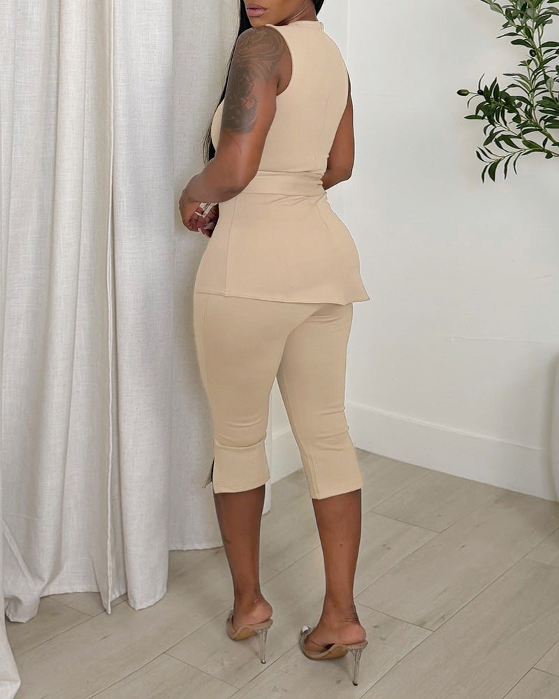 Women's 2 Piece Outfit Sleeveless Asymmetrical Hem Top and High Waist Side Slit Capris Set - Image 2
