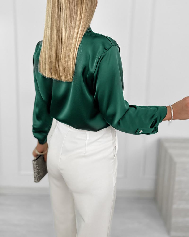 Women's Satin Tie Neck Blouse Elegant Roll Up Long Sleeve Shirt Work Blouse - Image 2