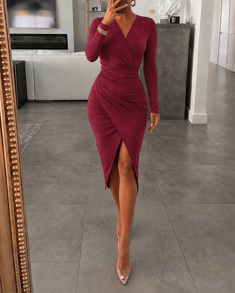 Women's Deep V Neck Long Sleeve Bodycon Dress Ruched Wrapped Slit Cocktail Dress - Image 5