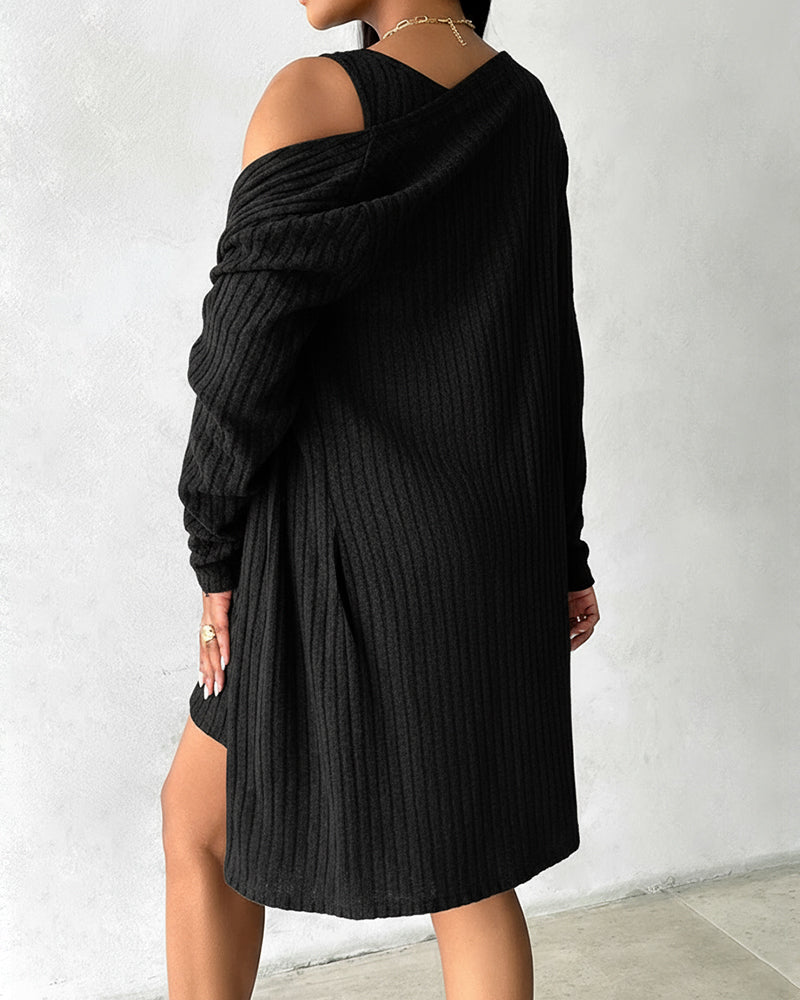 2 Pieces Outfit U-Neck Thick Strap Button Front Slim Fit Ribbed Knit Dress and Casual Long Sleeve Pockets Design Open Front Cardigan Coat Set - Image 7