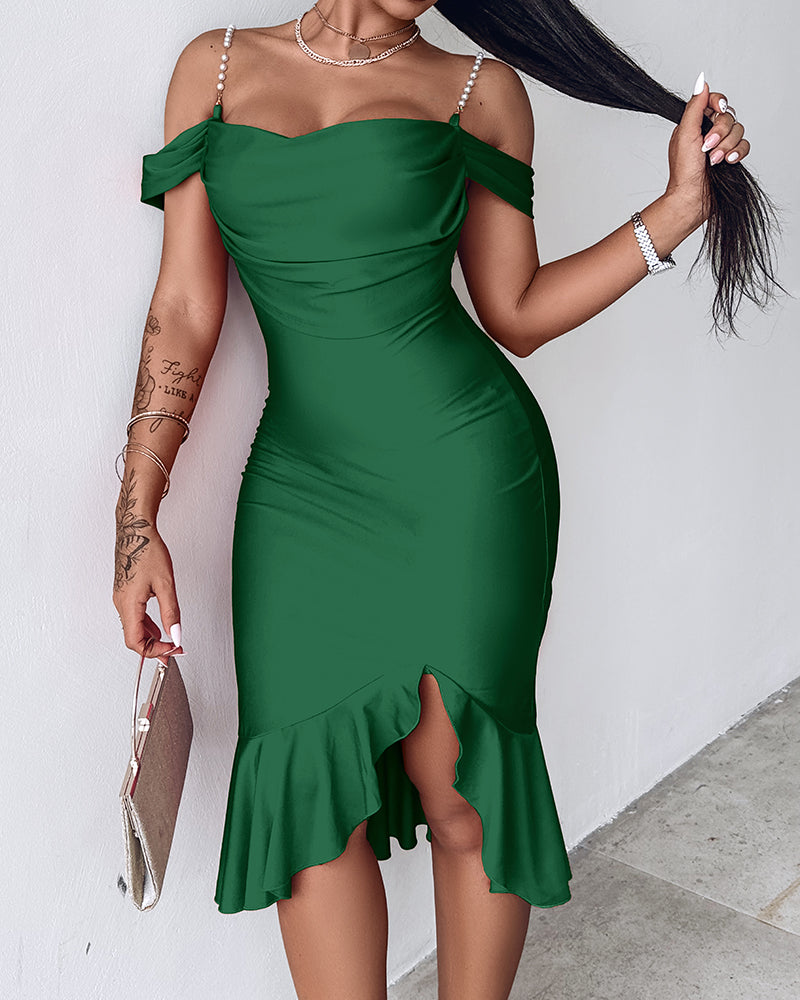 Women's Cold Shoulder Adjustable Pearls Straps Bodycon Dress Cowl Neck Asymmetrical Ruffle Hem Party Dress - Image 10