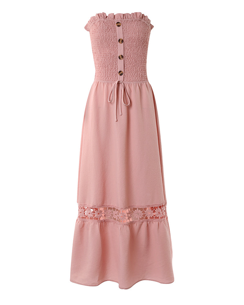 Women's Strapless Shirred Maxi Dress Lace Splice Tied Detail Frill Trim Sundress with Detachable Clear Straps - Image 6