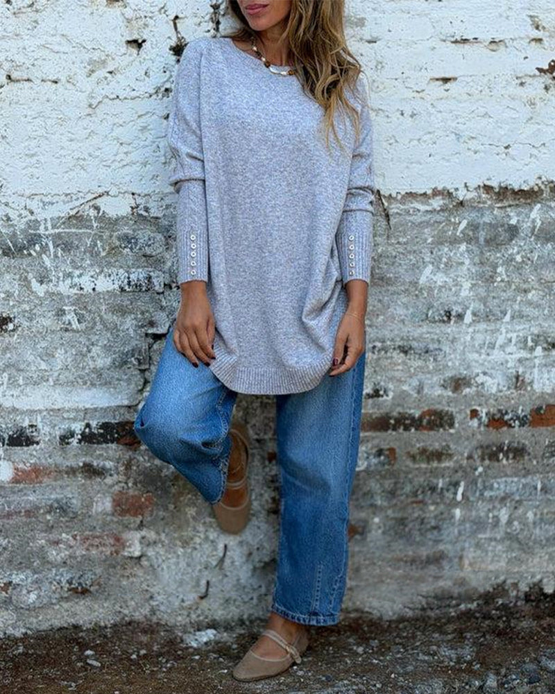 Women's Oversized Sweater Button Decor Crewneck Curved Hem Dropped Shoulder Loose Soft Pullover - Image 5