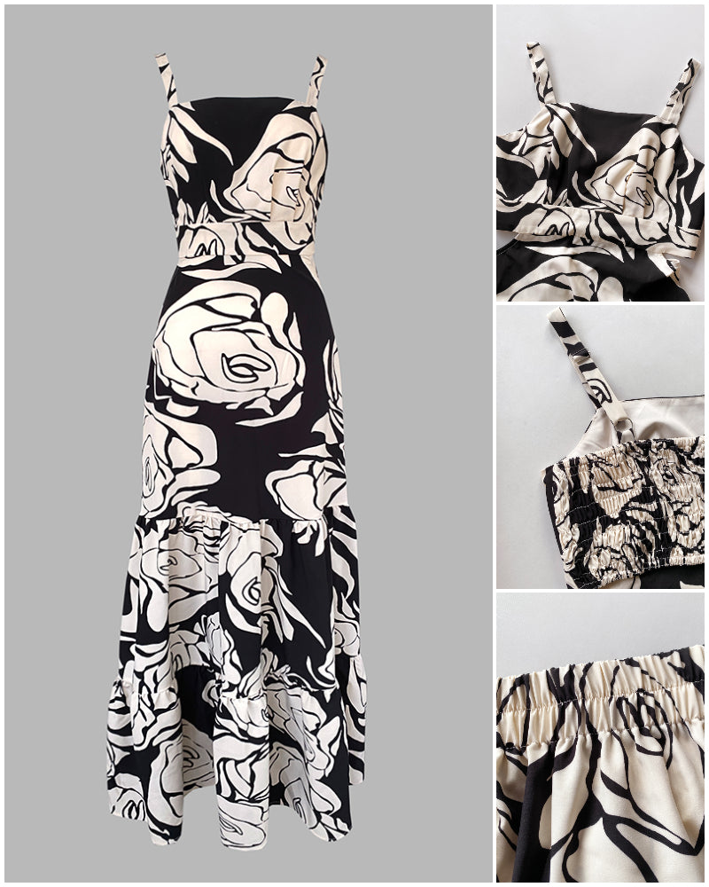 Floral Print Adjustable Straps Cutout Waist Shirred Backless Maxi Dress Casual Elastic Back Waist Ruffle Hem Vacation Dress - Image 4