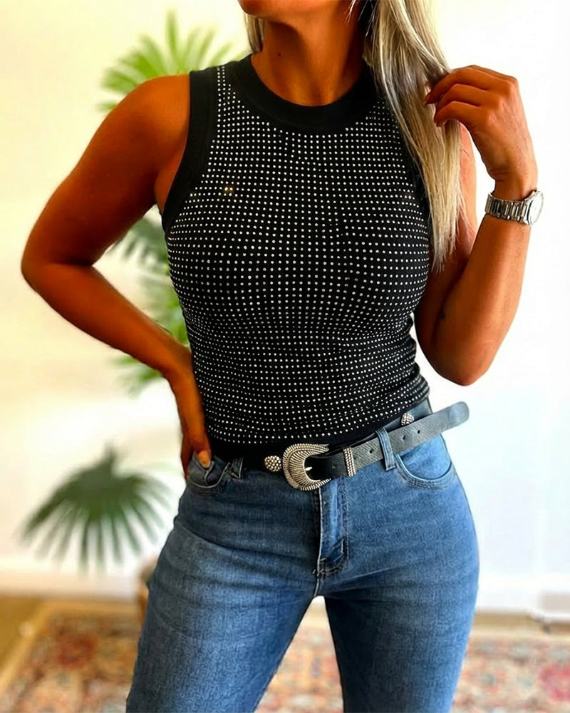 Rhinestone Decor O-neck Sleeveless Knit Tee Slim Fit Tank Top - Image 18