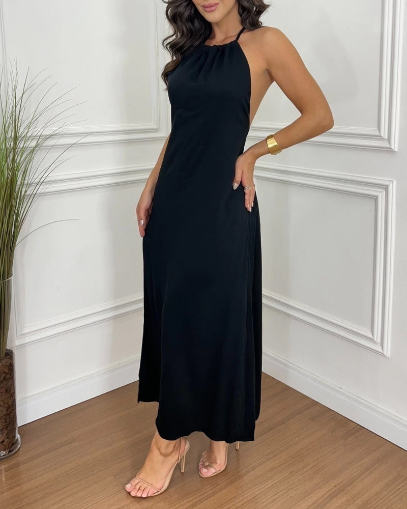Halter Sleeveless Backless Maxi Dress Casual Shirred Back Side Slit Vacation Dress - Image 20