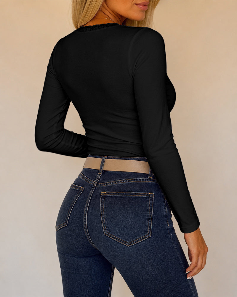 Women's Lace V Neck Ruched T Shirt Slim Fit Long Sleeve Tee Casual Elegant Top - Image 12