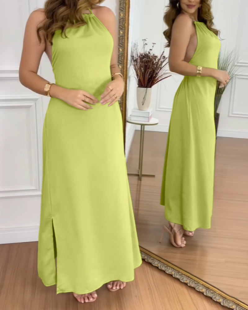 Halter Sleeveless Backless Maxi Dress Casual Shirred Back Side Slit Vacation Dress - Image 30
