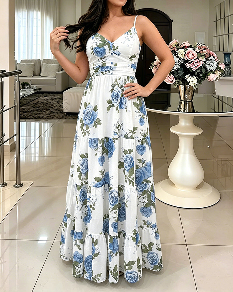Women's Floral Print Maxi Dress Ruffle Hem Cami Dress V Neck Shirred Summer Vacation Boho Long Dress with Built-In Bra - Image 3