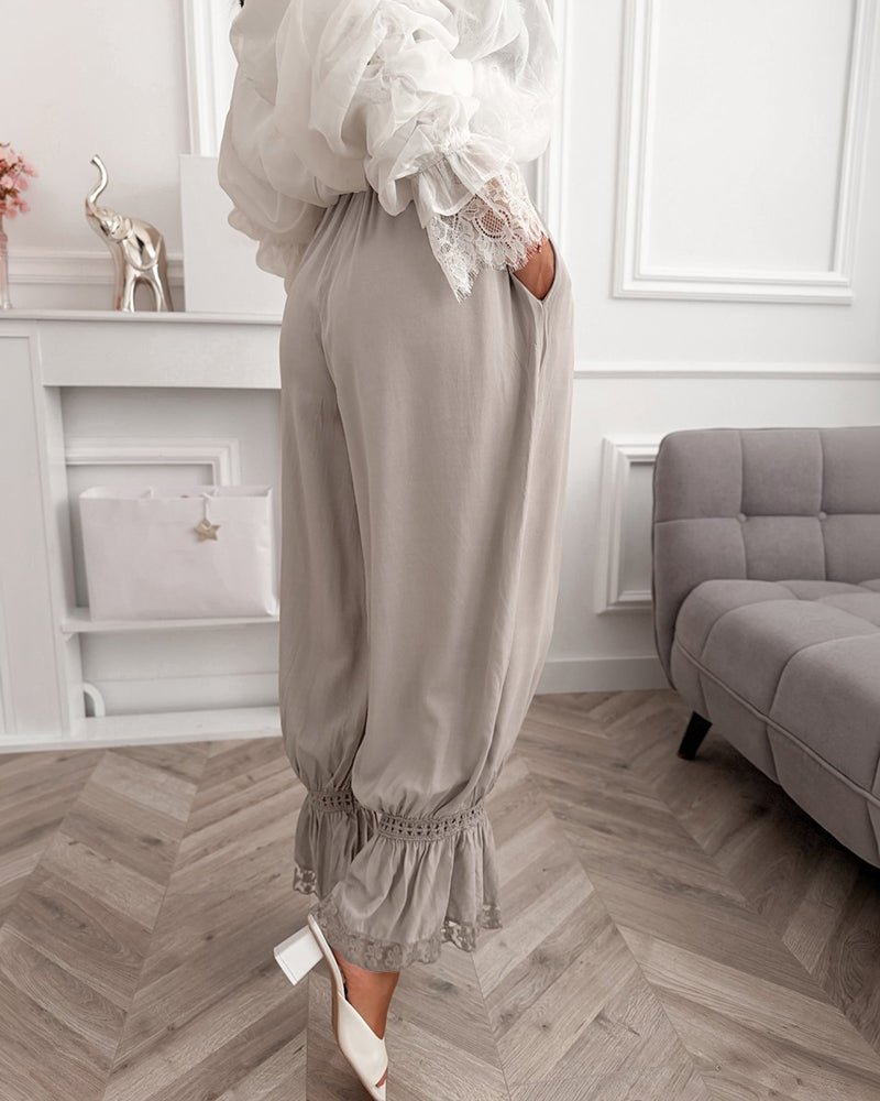 Women's Lace Patchwork Pants Elastic High Waist Hollow Out Ruffle Hem Lantern Trousers Casual Loose Lounge Pants - Image 4