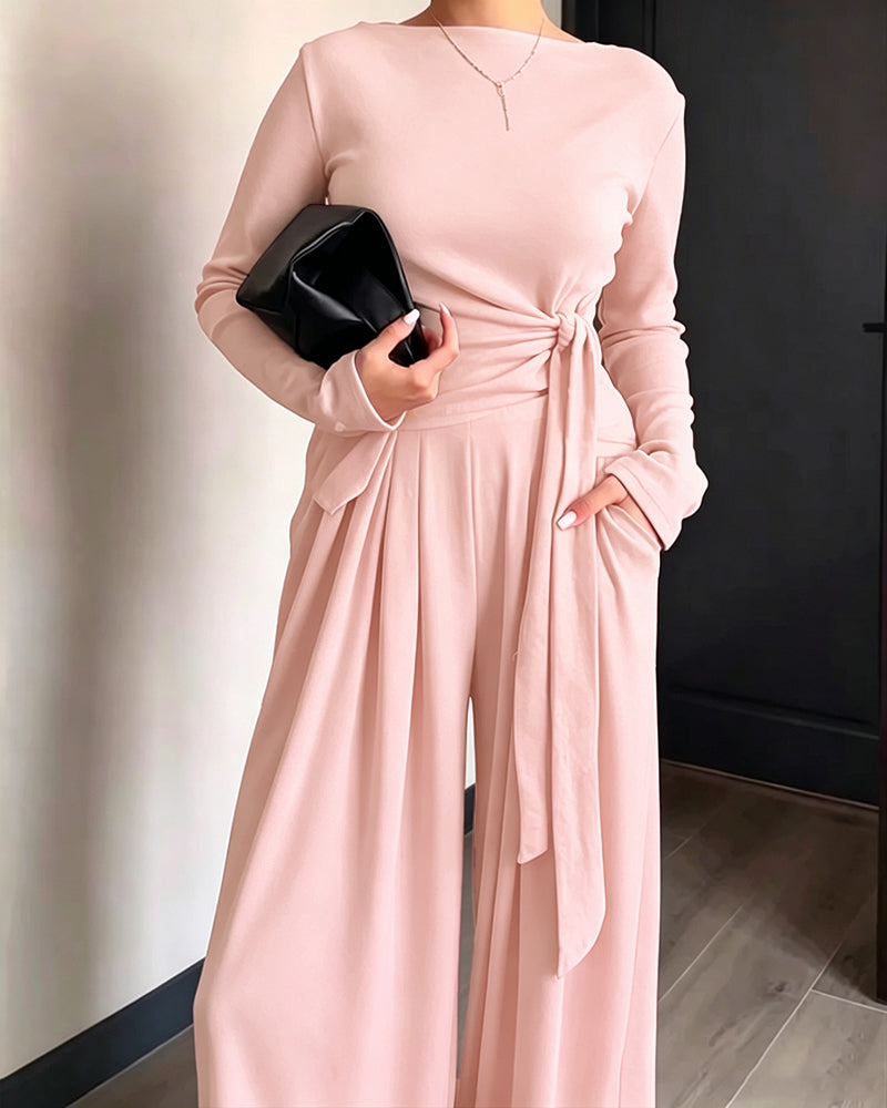 Women's 2 Piece Knit Lounge Set Long Sleeve Tie Waist Top and High Waisted Wide Leg Pants Casual Soft Sweatsuit with Pockets - Image 8