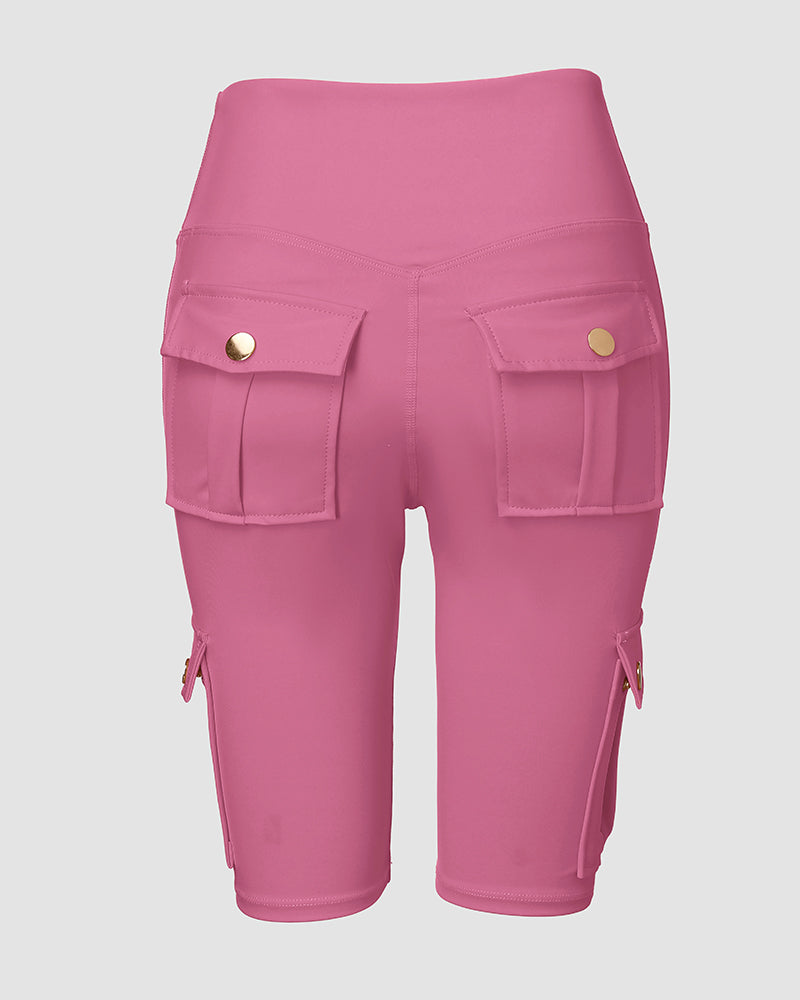 Tummy Control Butt Lifting Active Shorts High Waist Flap Pocket Workout Bermuda Cargo Running Shorts - Image 17