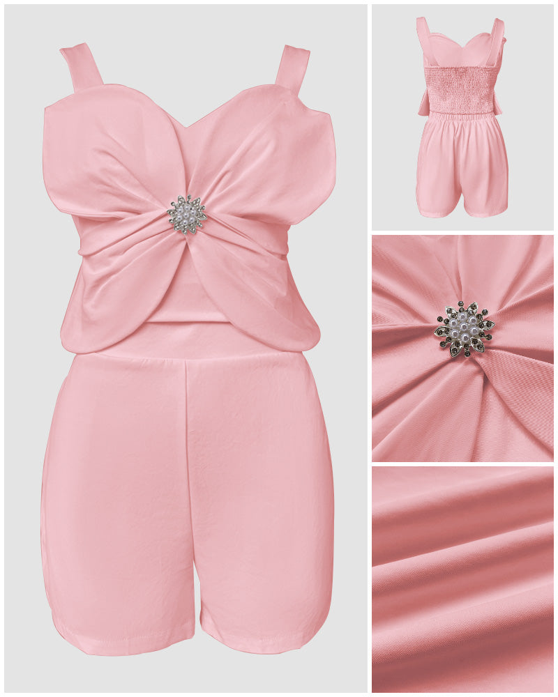 2 Pieces Outfit 3D Flower Decor Sweetheart Neck Thick Straps Shirred Back Crop Top and Casual Elastic Back Waist Shorts Set - Image 11
