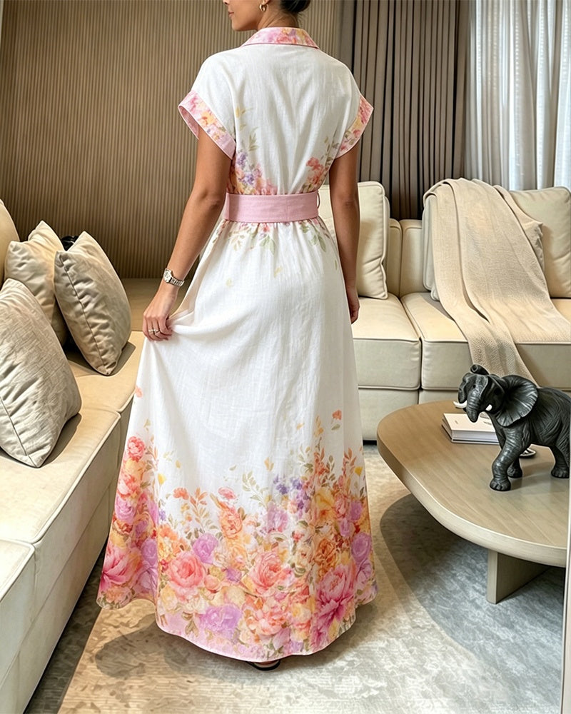 Women's Floral Print Maxi Dress Notched Collar Button Down Swing Dress Elegant French Style Vacation Dress with Belt - Image 2