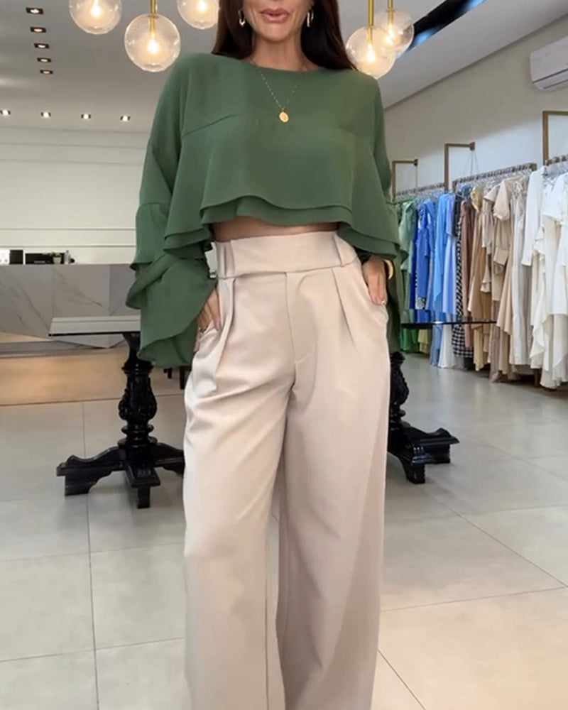 Round Neck Bell Sleeve Crop Top Casual Loose Fit Layered Blouse - Image 15