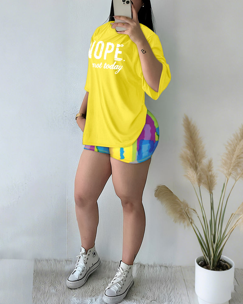 Women's 2 Piece Set Nope Not Today Slogan Half Sleeve Tee and Tie Dye Slim Fit Biker Shorts Set - Image 2