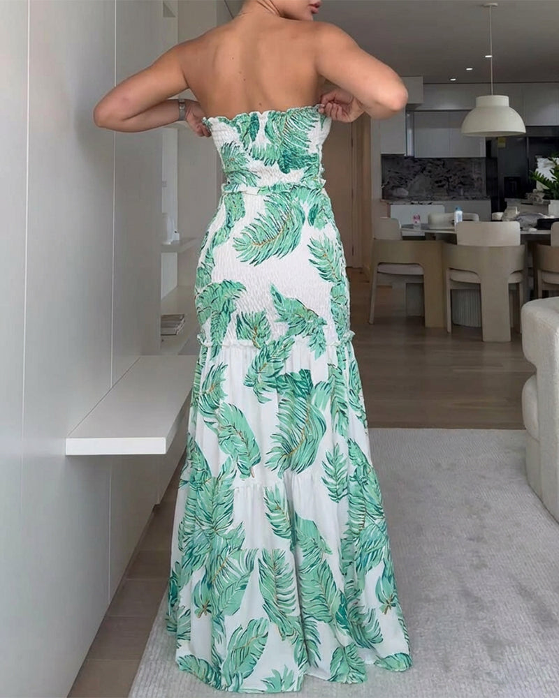 Tropical Plants Print Shirred Frill Trim Cinched Waist Ruffle Hem Tube Vacation Dress Elegant Tie Front Cutout Slim Fit Mermaid Hem Dress - Image 2