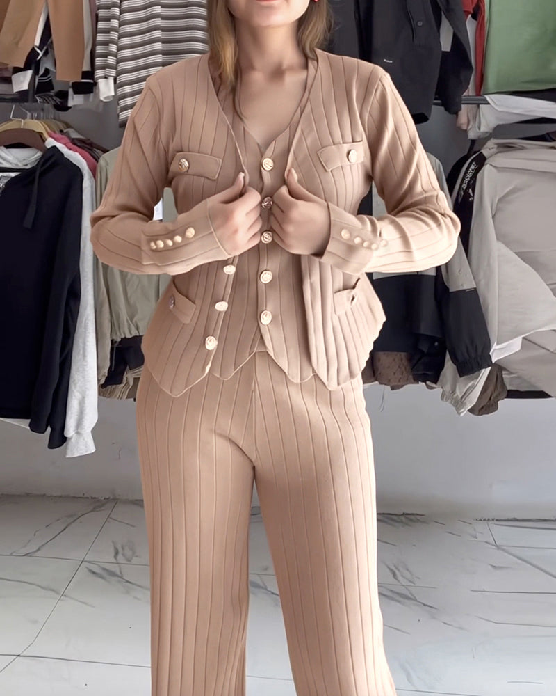 3 Pcs Outfits V Neck Long Sleeve Knit Coat with Metal Button Detail Tank Top Casual Long Pants Knit Sets - Image 2