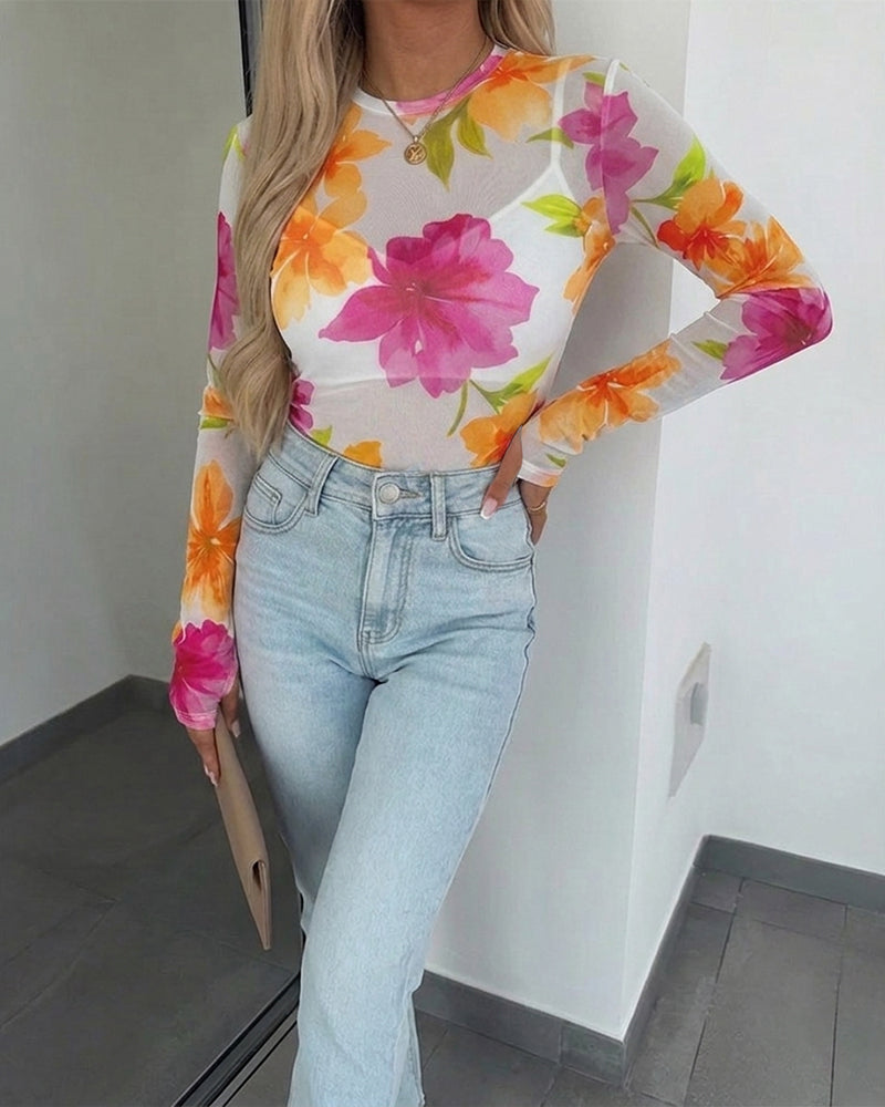 Women's Floral Print Sheer Mesh Top Long Sleeve Slim Fit Crewneck Layering Top with Thumb Hole Cuffs - Image 3