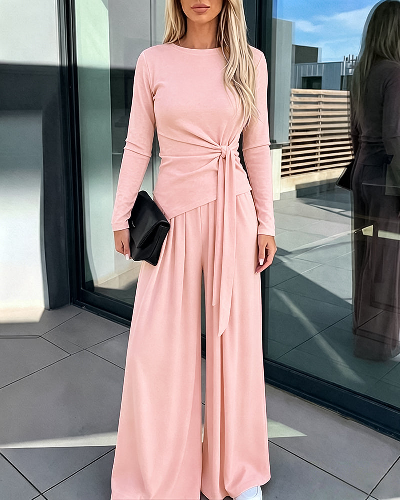 Women's 2 Piece Knit Lounge Set Long Sleeve Tie Waist Top and High Waisted Wide Leg Pants Casual Soft Sweatsuit with Pockets - Image 12