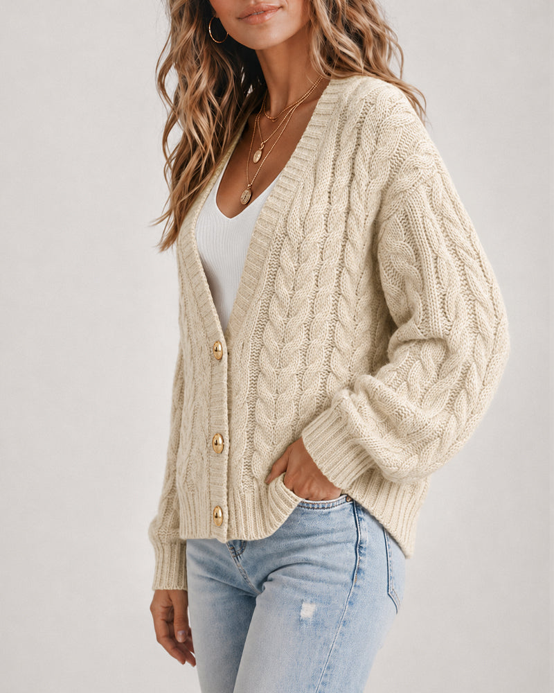 Women's Cable Knit Cardigan V Neck Button Down Chunky Knit Sweater Loose Lantern Sleeve Warm Outerwear - Image 5