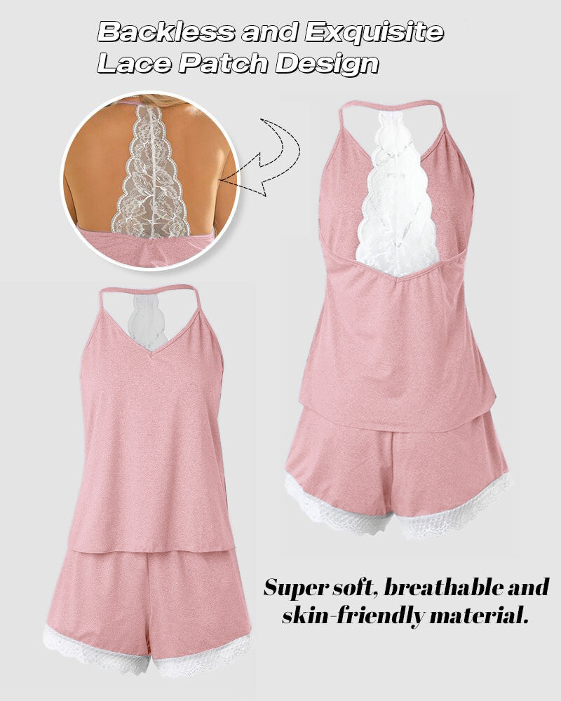 Crochet Lace Trim Backless Cami Top And Shorts Set Pajams Set Sleepwear - Image 23
