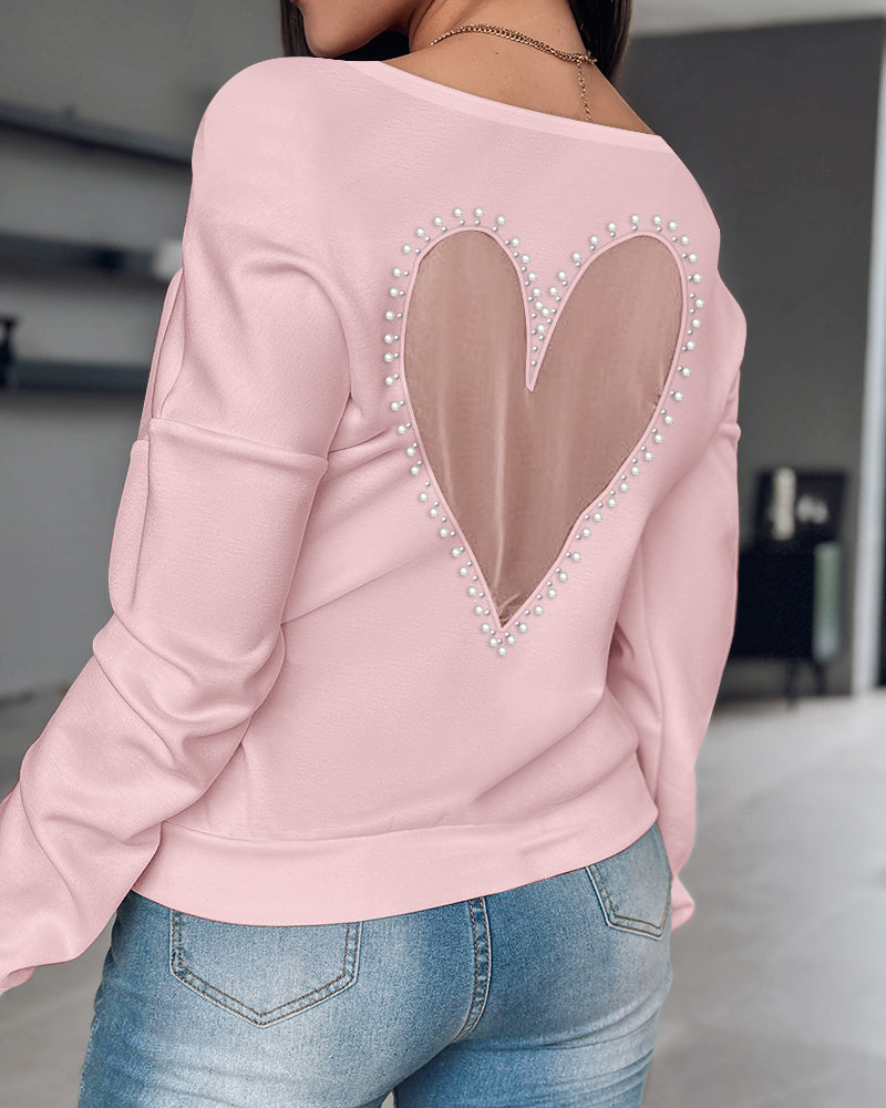Pearls Decor Sheer Heart Pattern Mesh Spliced Tee Casual Drop Shoulder Long Sleeve Top - Image 12