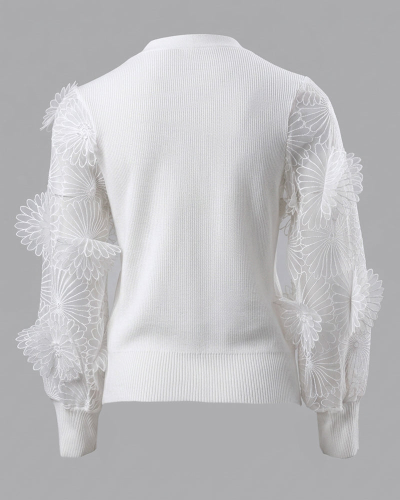 Women's Mesh Long Sleeve Cardigan Embroidered V Neck Knit Sweater Rhinestone Button Ribbed Slim Fit Casual Coat - Image 6