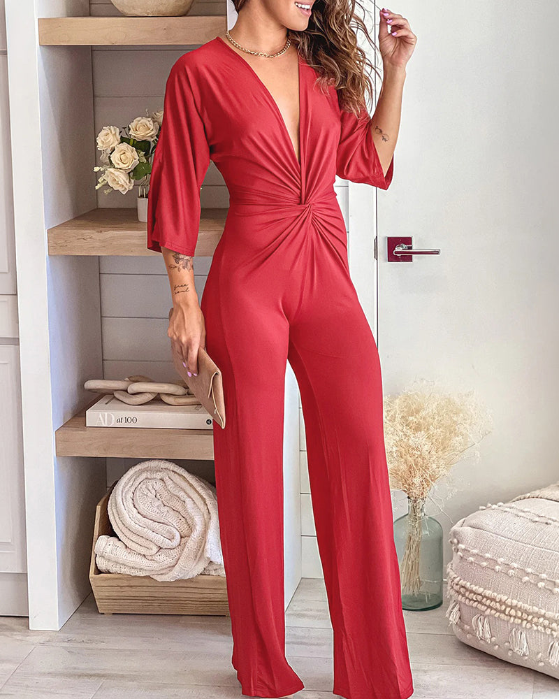 Women's Deep V Neck Twist Front Jumpsuit Three Quarters Sleeve Straight Leg Overalls - Image 5