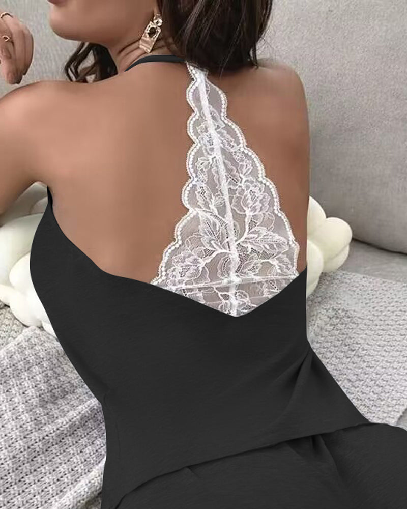 Crochet Lace Trim Backless Cami Top And Shorts Set Pajams Set Sleepwear - Image 14