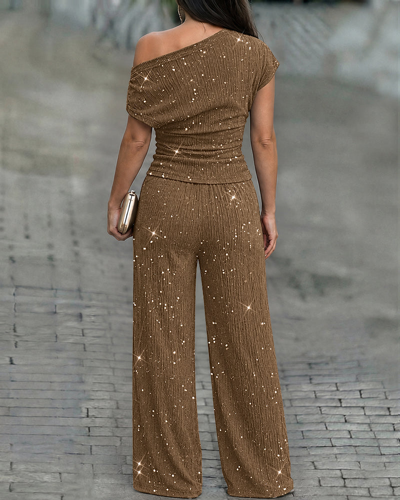 Women's Glitter Textured Two Piece Outfits Plisse Skew Neck Ruched Top and High Waisted Straight Leg Pants Set - Image 17