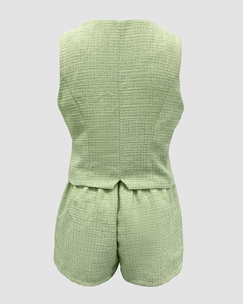 2 Pieces Outfit 3D Flower Decor V-Neck Sleeveless Button Front Vest and Chain Decor Zipper Fly Elastic Back Waist Shorts Set Casual Tweed Set - Image 5