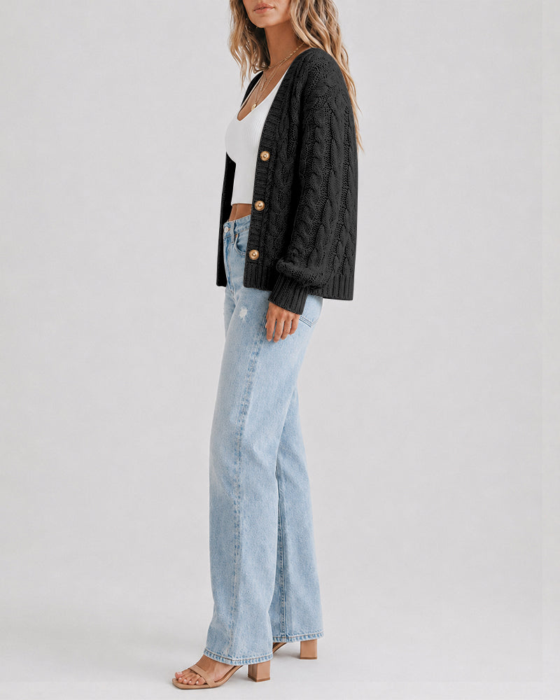 Women's Cable Knit Cardigan V Neck Button Down Chunky Knit Sweater Loose Lantern Sleeve Warm Outerwear - Image 15
