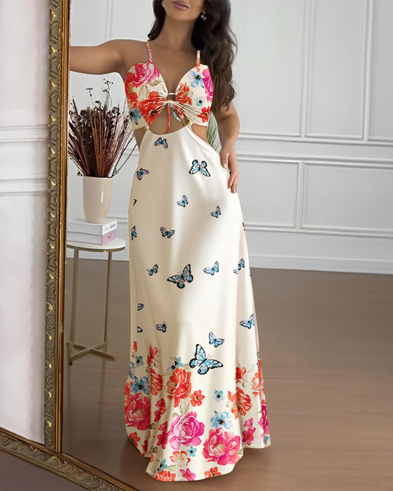 Women's Floral Butterfly Print Maxi Dress Backless Cutout Cami Sundress Ruched Tied Detail Flowy Vacation Dress - Image 2