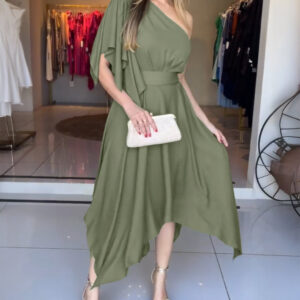 One Shoulder Asymmetrical Sleeve Bow Tie Party Dress Casual Zipper Side Cinched Waist Asymmetrical Hem Maxi Dress With Belt