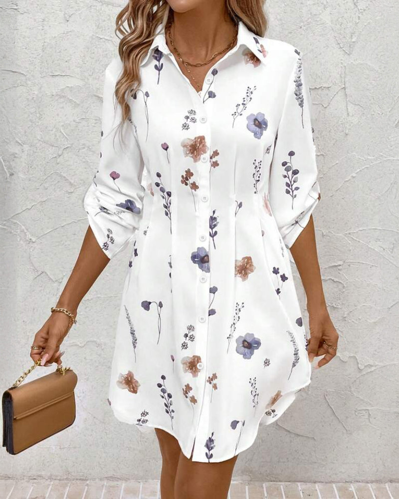 Watercolor Floral Print Turn-down Collar Turn-Up Sleeves Shirred Back Shirt Dress Casual Button Down Cinched Waist Asymmetrical Hem Vacation Dress - Image 4