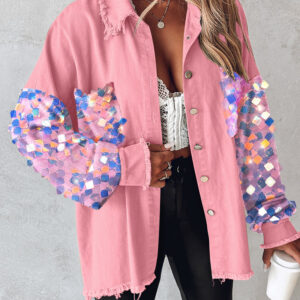 Contrast Sequin Long Sleeve Jacket Top Button Front Raw Hem Loose Fit Shacket