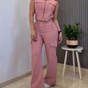 Stylish Plain Two-piece Set 3D Cargo Pockets Sleeveless Tank Top and Casual High Waist Wide Leg Pants Set