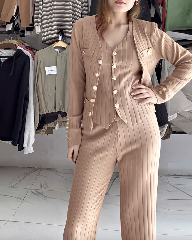 3 Pcs Outfits V Neck Long Sleeve Knit Coat with Metal Button Detail Tank Top Casual Long Pants Knit Sets - Image 3