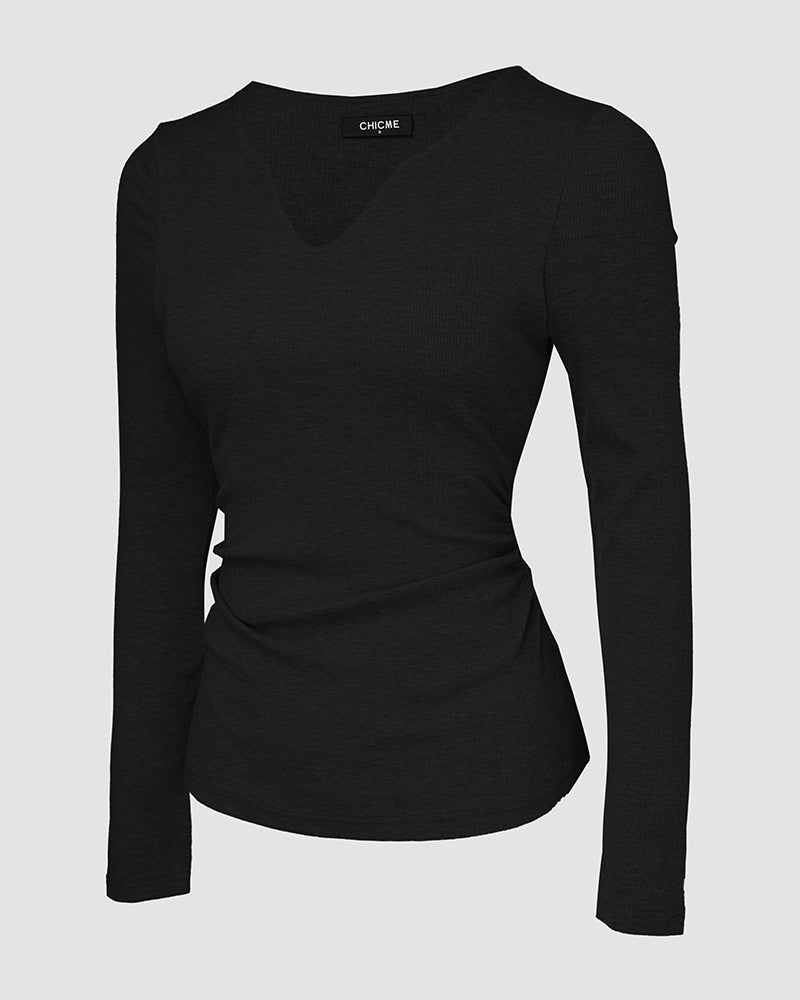 Chicme Built In Bra Notch Neck Long Sleeve Shirts Rib Knit Ruched Waist Top - Image 12