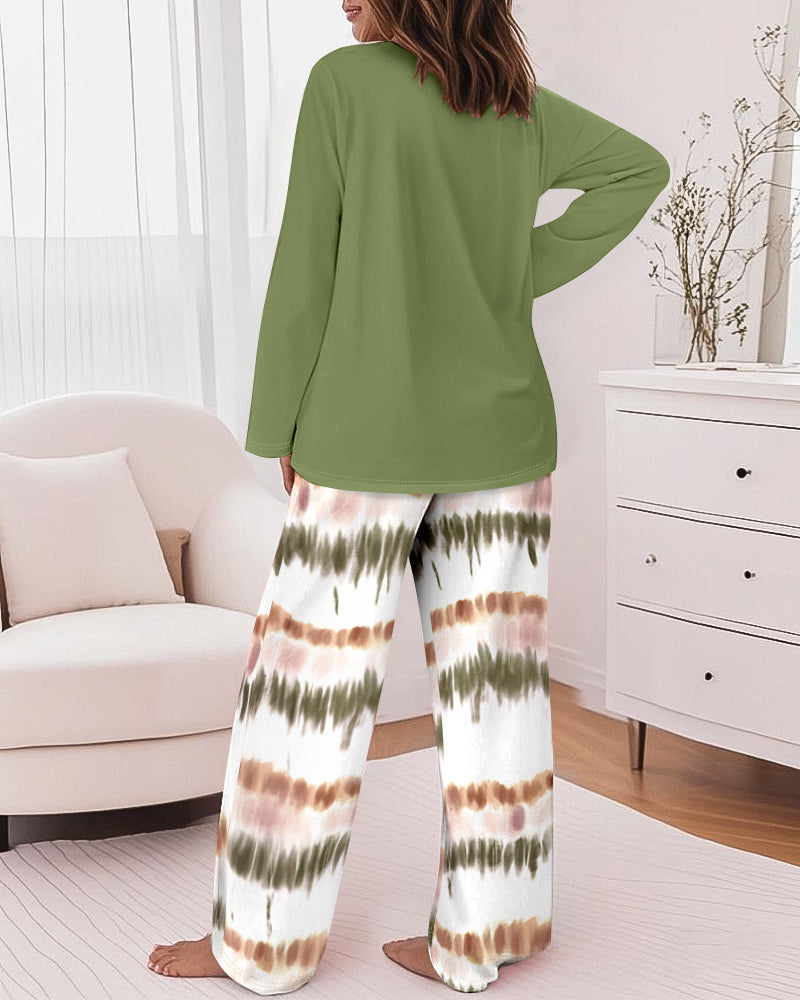 2 Pieces Outfit Letter Print Long Sleeve Top and Tie Dye Print Elastic Waist Pants Set Casual Pajamas Set - Image 2